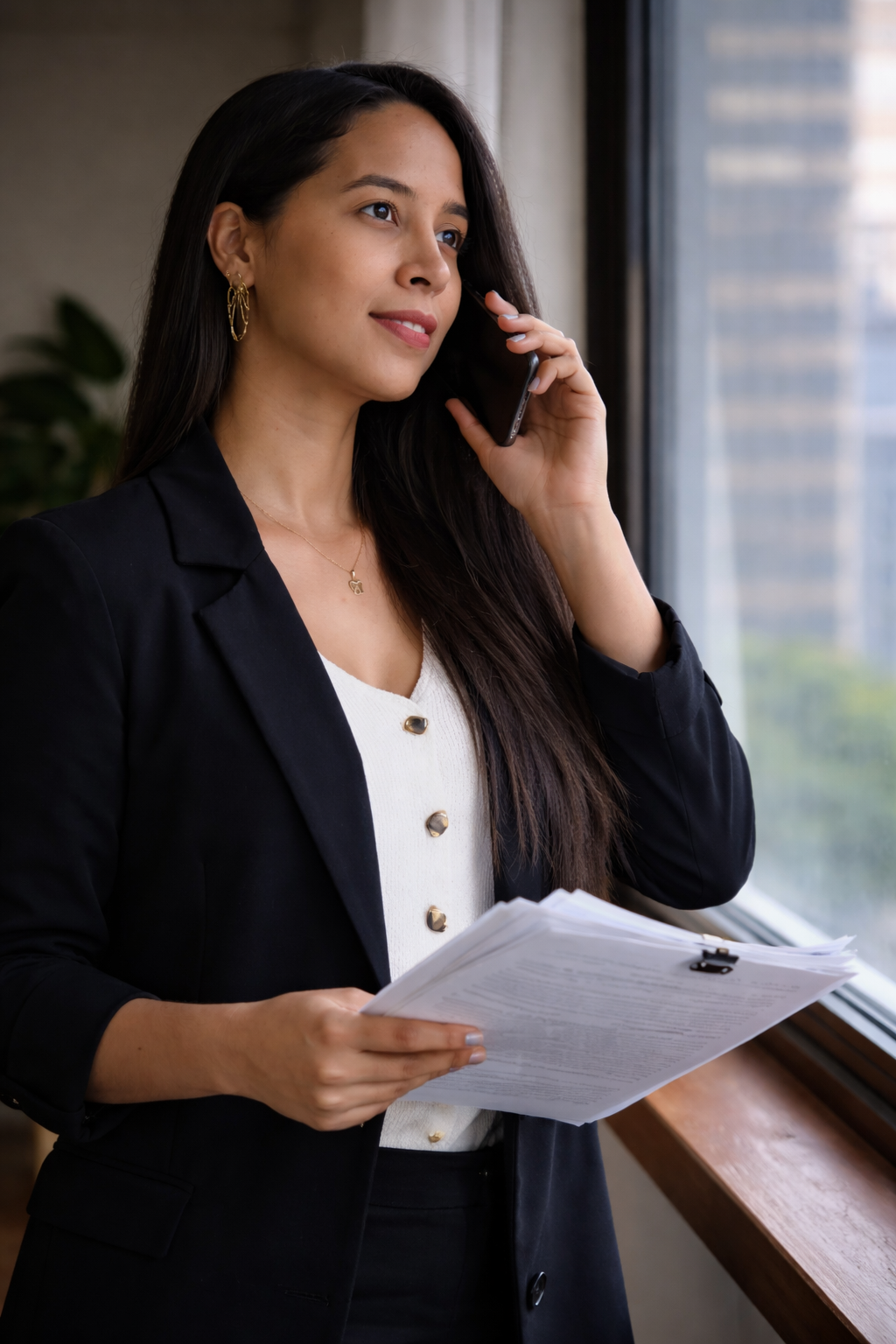 Mujer parada en la ventana hablando por telefono