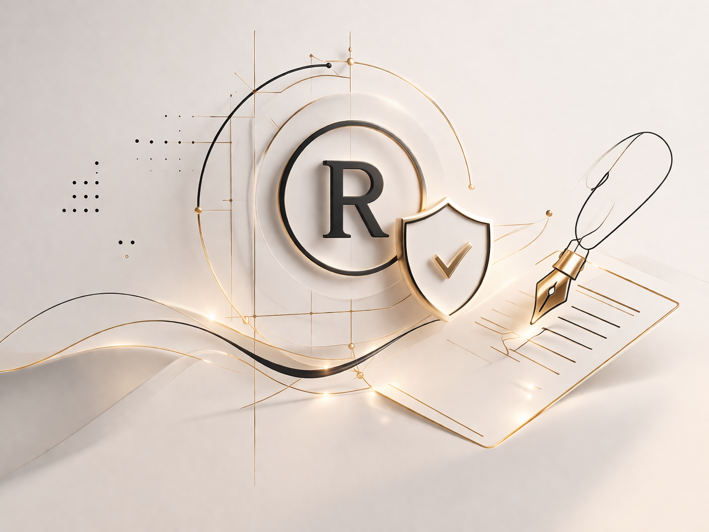 imagen de registro de marca con r y lapiz dorado